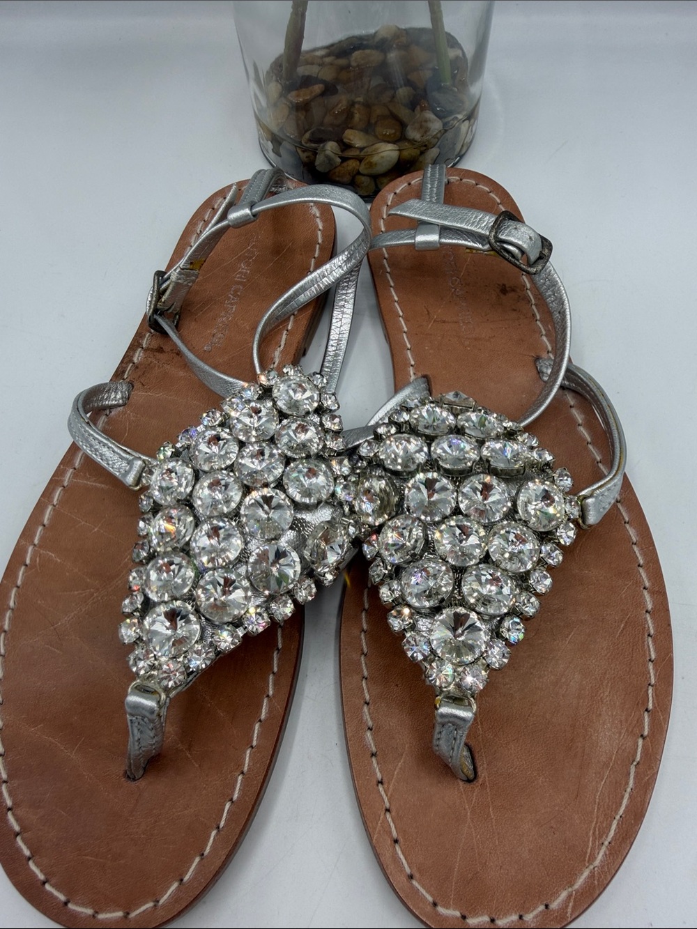 Autori Capresi Silver Leather Crystal Embellished T-Strap Sandals